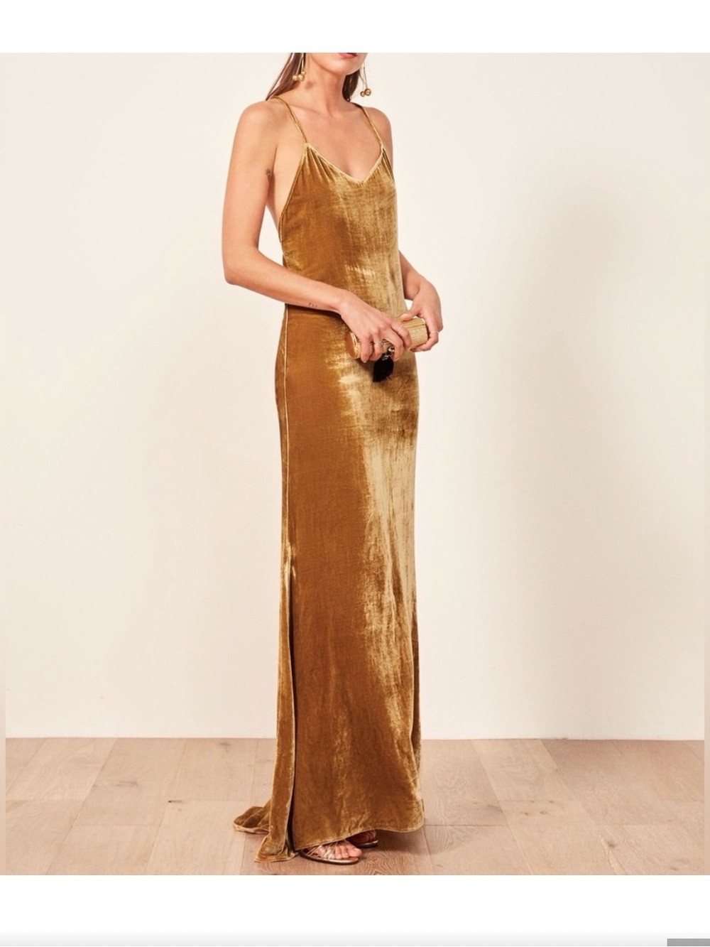 Reformation NWT Velvet Slip gown in Golden Mustard SP